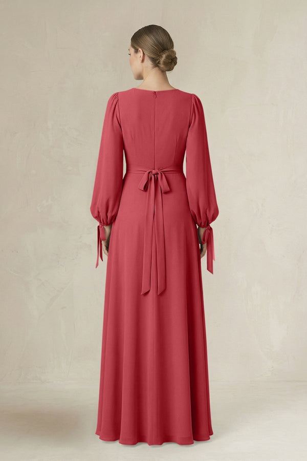 Square Neck Long Sleeve A-Line Chiffon Bridesmaid Dress in Merlot - KissProm BRIDESMAID DRESSES