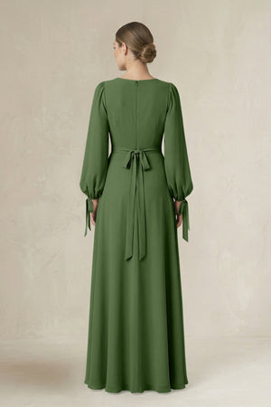 Square Neck Long Sleeve A-Line Chiffon Bridesmaid Dress in Moss - KissProm BRIDESMAID DRESSES