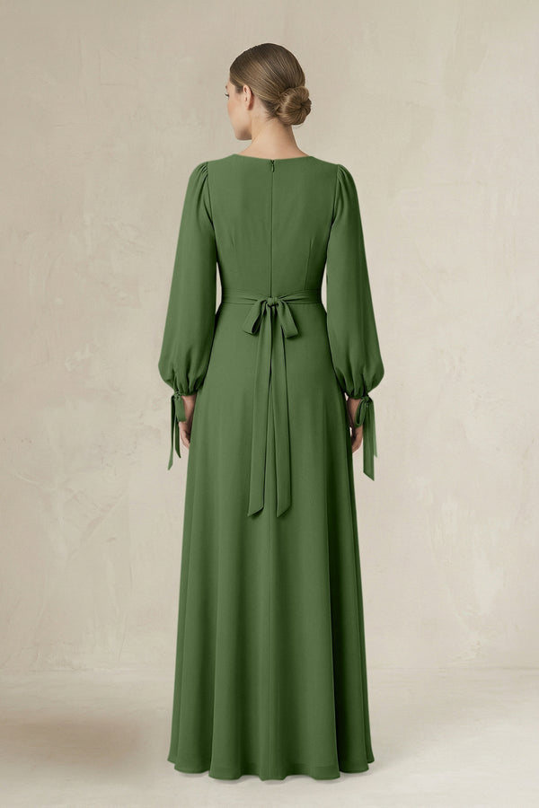 Square Neck Long Sleeve A-Line Chiffon Bridesmaid Dress in Moss - KissProm BRIDESMAID DRESSES