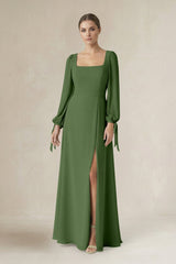 Square Neck Long Sleeve A-Line Chiffon Bridesmaid Dress in Moss - KissProm BRIDESMAID DRESSES