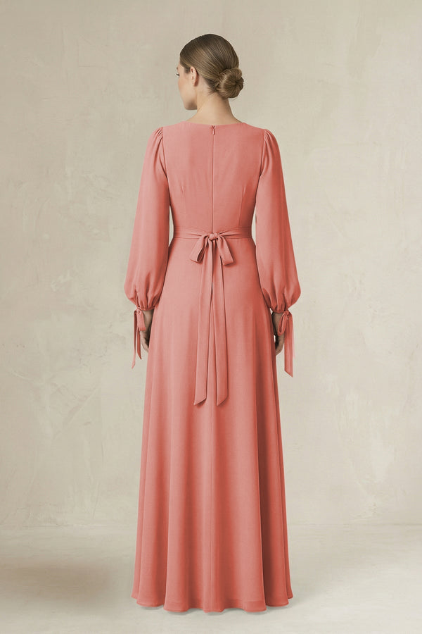 Square Neck Long Sleeve A-Line Chiffon Bridesmaid Dress in Mulberry - KissProm BRIDESMAID DRESSES