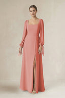 Square Neck Long Sleeve A-Line Chiffon Bridesmaid Dress in Mulberry - KissProm BRIDESMAID DRESSES