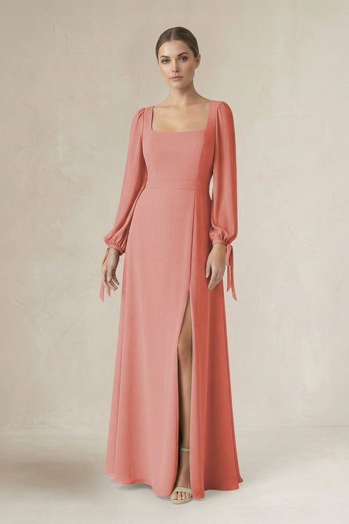 Square Neck Long Sleeve A-Line Chiffon Bridesmaid Dress in Mulberry - KissProm BRIDESMAID DRESSES