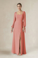 Square Neck Long Sleeve A-Line Chiffon Bridesmaid Dress in Mulberry - KissProm BRIDESMAID DRESSES