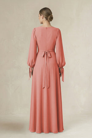 Square Neck Long Sleeve A-Line Chiffon Bridesmaid Dress in Mulberry - KissProm BRIDESMAID DRESSES