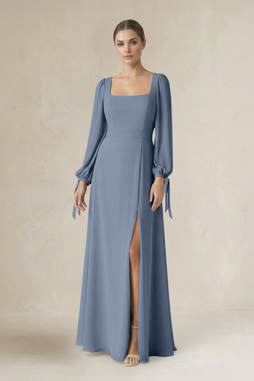 Square Neck Long Sleeve A-Line Chiffon Bridesmaid Dress in Neptune - KissProm BRIDESMAID DRESSES