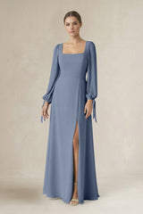 Square Neck Long Sleeve A-Line Chiffon Bridesmaid Dress in Neptune - KissProm BRIDESMAID DRESSES