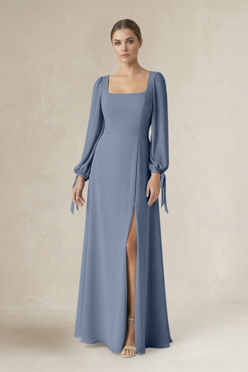 Square Neck Long Sleeve A-Line Chiffon Bridesmaid Dress in Neptune - KissProm BRIDESMAID DRESSES