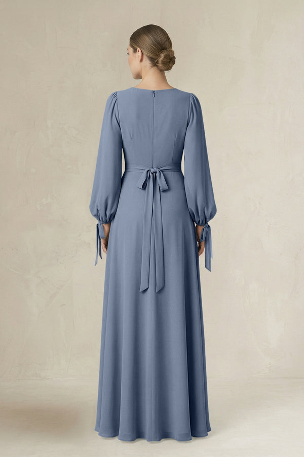 Square Neck Long Sleeve A-Line Chiffon Bridesmaid Dress in Neptune - KissProm BRIDESMAID DRESSES