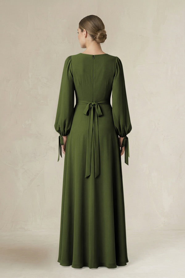 Square Neck Long Sleeve A-Line Chiffon Bridesmaid Dress in Olive - KissProm BRIDESMAID DRESSES