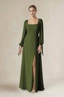 Square Neck Long Sleeve A-Line Chiffon Bridesmaid Dress in Olive - KissProm BRIDESMAID DRESSES
