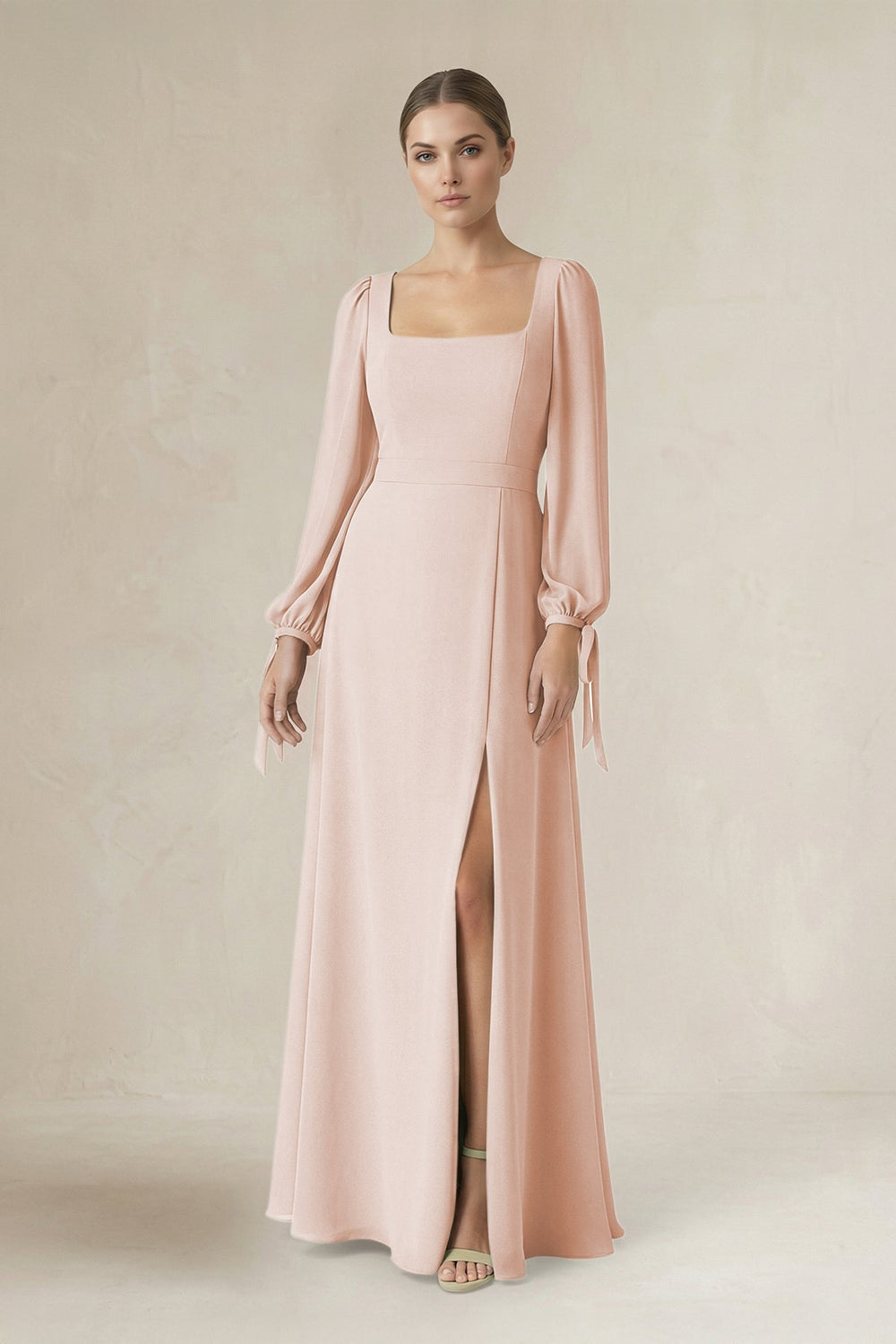 Square Neck Long Sleeve A-Line Chiffon Bridesmaid Dress in Pale Blush - KissProm BRIDESMAID DRESSES