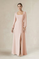 Square Neck Long Sleeve A-Line Chiffon Bridesmaid Dress in Pale Blush - KissProm BRIDESMAID DRESSES