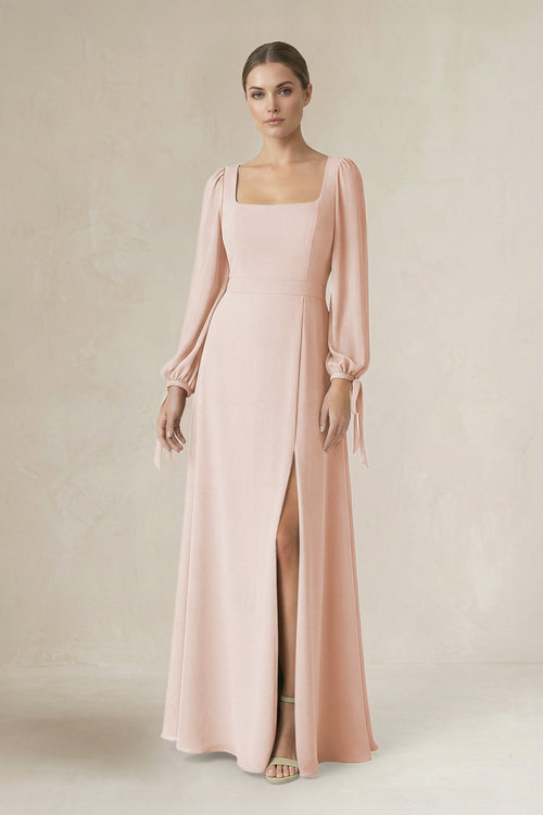 Square Neck Long Sleeve A-Line Chiffon Bridesmaid Dress in Pale Blush - KissProm BRIDESMAID DRESSES