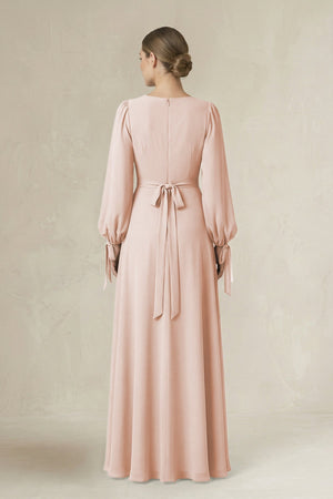 Square Neck Long Sleeve A-Line Chiffon Bridesmaid Dress in Pale Blush - KissProm BRIDESMAID DRESSES