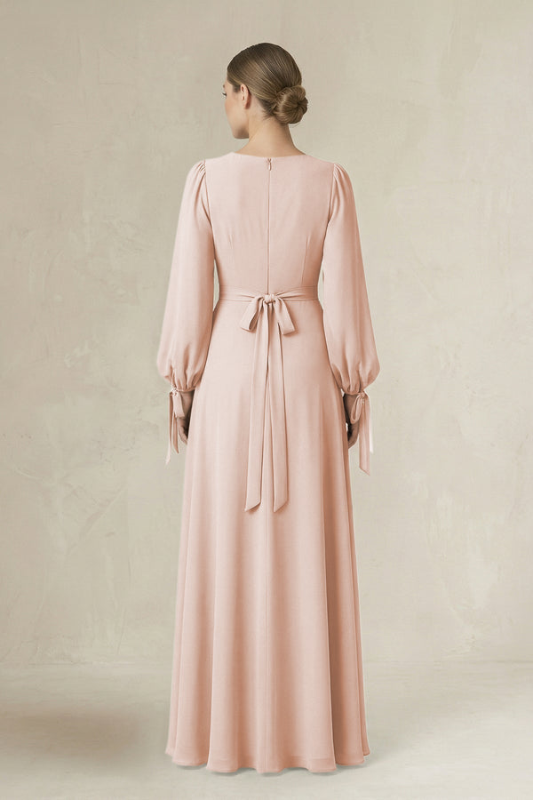 Square Neck Long Sleeve A-Line Chiffon Bridesmaid Dress in Pale Blush - KissProm BRIDESMAID DRESSES