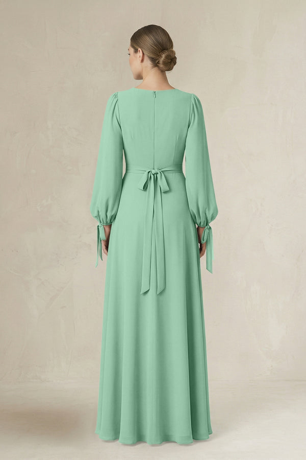 Square Neck Long Sleeve A-Line Chiffon Bridesmaid Dress in Pale Pistachio - KissProm BRIDESMAID DRESSES