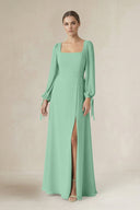 Square Neck Long Sleeve A-Line Chiffon Bridesmaid Dress in Pale Pistachio - KissProm BRIDESMAID DRESSES