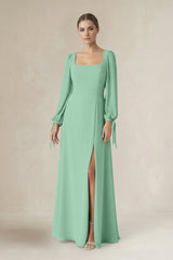 Square Neck Long Sleeve A-Line Chiffon Bridesmaid Dress in Pale Pistachio - KissProm BRIDESMAID DRESSES