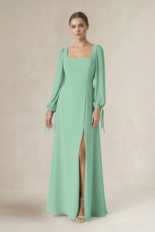 Square Neck Long Sleeve A-Line Chiffon Bridesmaid Dress in Pale Pistachio - KissProm BRIDESMAID DRESSES