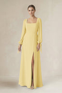 Square Neck Long Sleeve A-Line Chiffon Bridesmaid Dress in Pastel Yellow - KissProm BRIDESMAID DRESSES