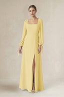 Square Neck Long Sleeve A-Line Chiffon Bridesmaid Dress in Pastel Yellow - KissProm BRIDESMAID DRESSES