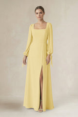 Square Neck Long Sleeve A-Line Chiffon Bridesmaid Dress in Pastel Yellow - KissProm BRIDESMAID DRESSES