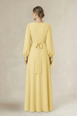 Square Neck Long Sleeve A-Line Chiffon Bridesmaid Dress in Pastel Yellow - KissProm BRIDESMAID DRESSES