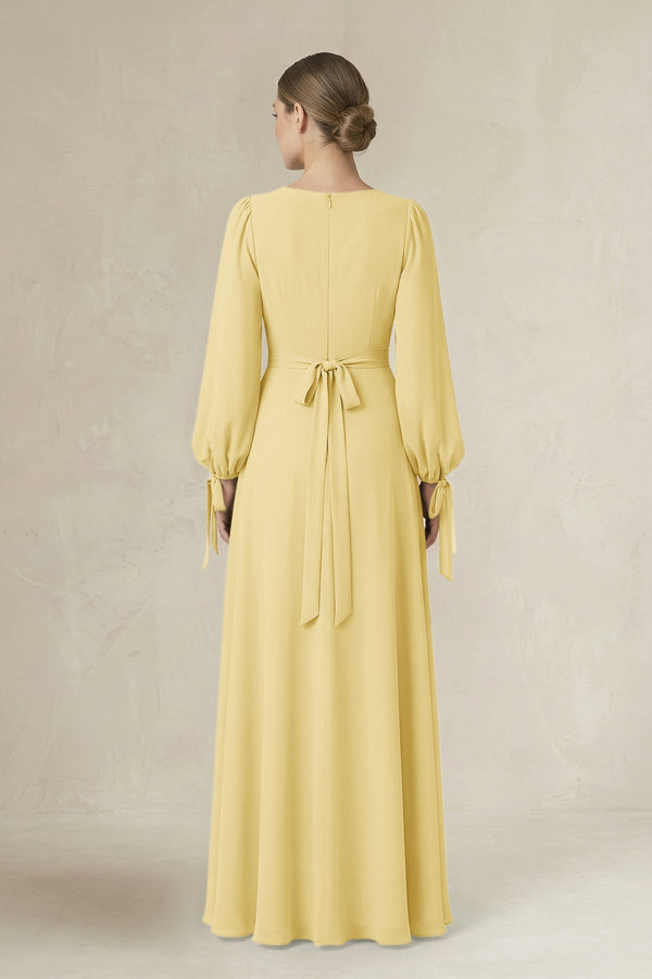 Square Neck Long Sleeve A-Line Chiffon Bridesmaid Dress in Pastel Yellow - KissProm BRIDESMAID DRESSES