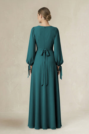 Square Neck Long Sleeve A-Line Chiffon Bridesmaid Dress in Pine - KissProm BRIDESMAID DRESSES