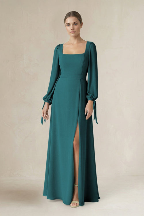 Square Neck Long Sleeve A-Line Chiffon Bridesmaid Dress in Pine - KissProm BRIDESMAID DRESSES