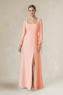 Square Neck Long Sleeve A-Line Chiffon Bridesmaid Dress in Rose Petal - KissProm BRIDESMAID DRESSES