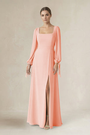 Square Neck Long Sleeve A-Line Chiffon Bridesmaid Dress in Rose Petal - KissProm BRIDESMAID DRESSES