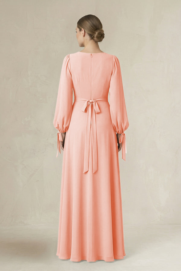 Square Neck Long Sleeve A-Line Chiffon Bridesmaid Dress in Rose Petal - KissProm BRIDESMAID DRESSES