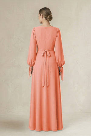Square Neck Long Sleeve A-Line Chiffon Bridesmaid Dress in Rosette - KissProm BRIDESMAID DRESSES