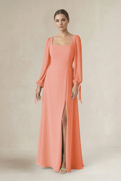 Square Neck Long Sleeve A-Line Chiffon Bridesmaid Dress in Rosette - KissProm BRIDESMAID DRESSES