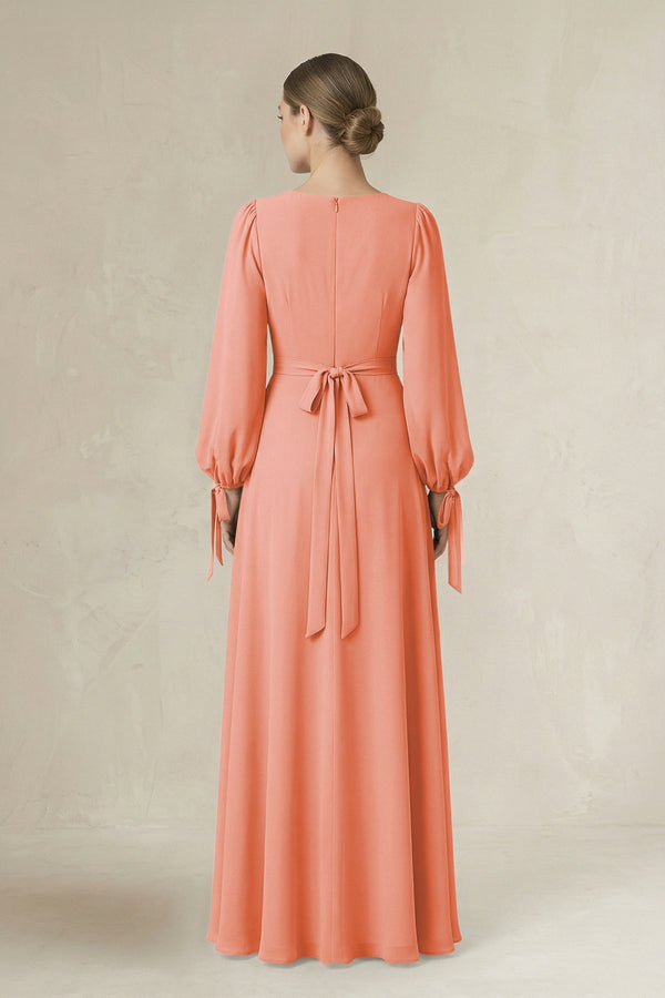 Square Neck Long Sleeve A-Line Chiffon Bridesmaid Dress in Rosette - KissProm BRIDESMAID DRESSES
