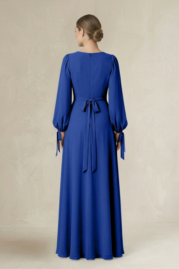 Square Neck Long Sleeve A-Line Chiffon Bridesmaid Dress in Royal Blue - KissProm BRIDESMAID DRESSES
