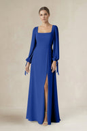 Square Neck Long Sleeve A-Line Chiffon Bridesmaid Dress in Royal Blue - KissProm BRIDESMAID DRESSES