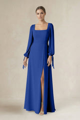 Square Neck Long Sleeve A-Line Chiffon Bridesmaid Dress in Royal Blue - KissProm BRIDESMAID DRESSES