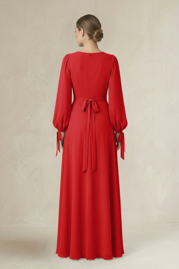 Square Neck Long Sleeve A-Line Chiffon Bridesmaid Dress in Ruby Red - KissProm BRIDESMAID DRESSES