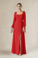 Square Neck Long Sleeve A-Line Chiffon Bridesmaid Dress in Ruby Red - KissProm BRIDESMAID DRESSES