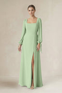 Square Neck Long Sleeve A-Line Chiffon Bridesmaid Dress in Sage - KissProm BRIDESMAID DRESSES
