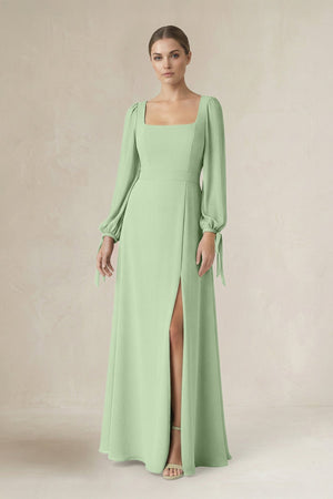 Square Neck Long Sleeve A-Line Chiffon Bridesmaid Dress in Sage - KissProm BRIDESMAID DRESSES