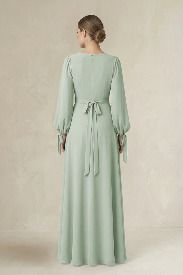 Square Neck Long Sleeve A-Line Chiffon Bridesmaid Dress in Sage - KissProm BRIDESMAID DRESSES