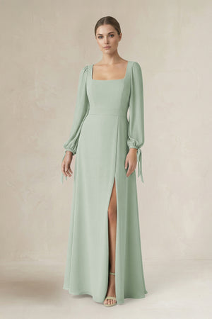 Square Neck Long Sleeve A-Line Chiffon Bridesmaid Dress in Sage - KissProm BRIDESMAID DRESSES