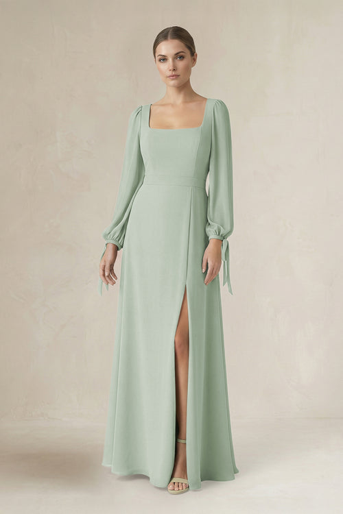 Square Neck Long Sleeve A-Line Chiffon Bridesmaid Dress in Sage - KissProm BRIDESMAID DRESSES