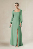 Square Neck Long Sleeve A-Line Chiffon Bridesmaid Dress in Sea Glass - KissProm BRIDESMAID DRESSES