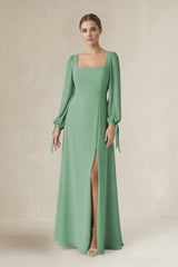 Square Neck Long Sleeve A-Line Chiffon Bridesmaid Dress in Sea Glass - KissProm BRIDESMAID DRESSES