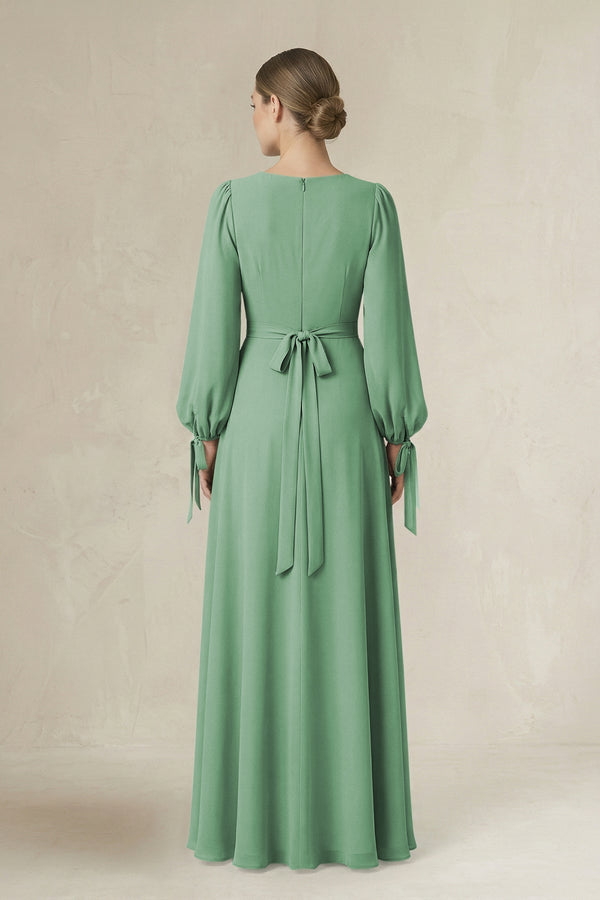 Square Neck Long Sleeve A-Line Chiffon Bridesmaid Dress in Sea Glass - KissProm BRIDESMAID DRESSES